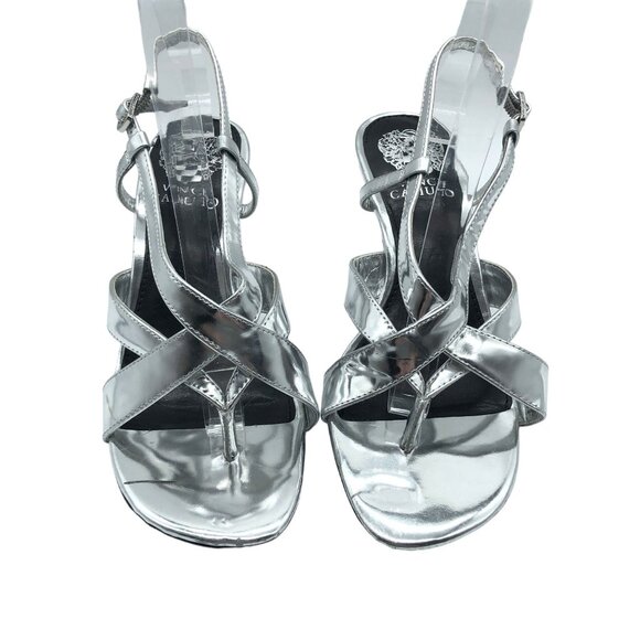 Vince Camuto Miloani Flare Heel Sandal Silver Strappy Open Toe Leather 6.5 M - Picture 2 of 8